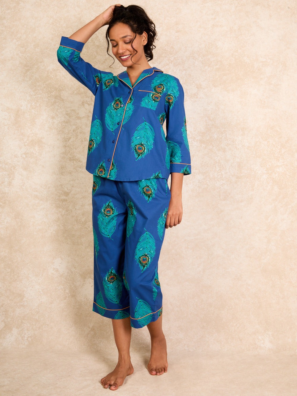 Their Nibs Their Nibs, Womens Cotton Cropped Sleeve Capri Pyjamas Navy Blue Peacock Feather, M / 12-14
