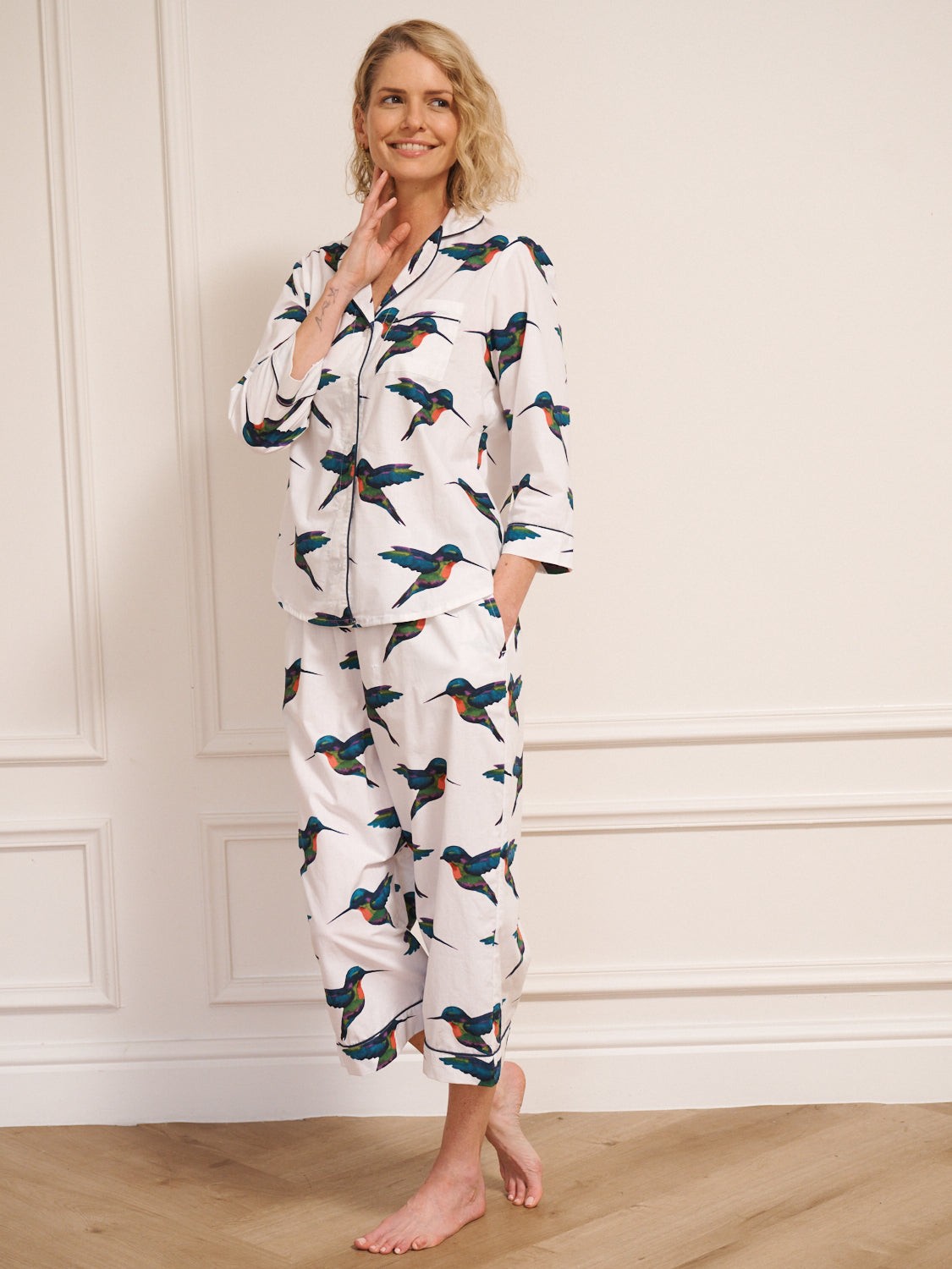 Their Nibs Their Nibs, Womens Cotton Cropped Sleeve Capri Pyjamas White Hummingbird, XXL / 20-22