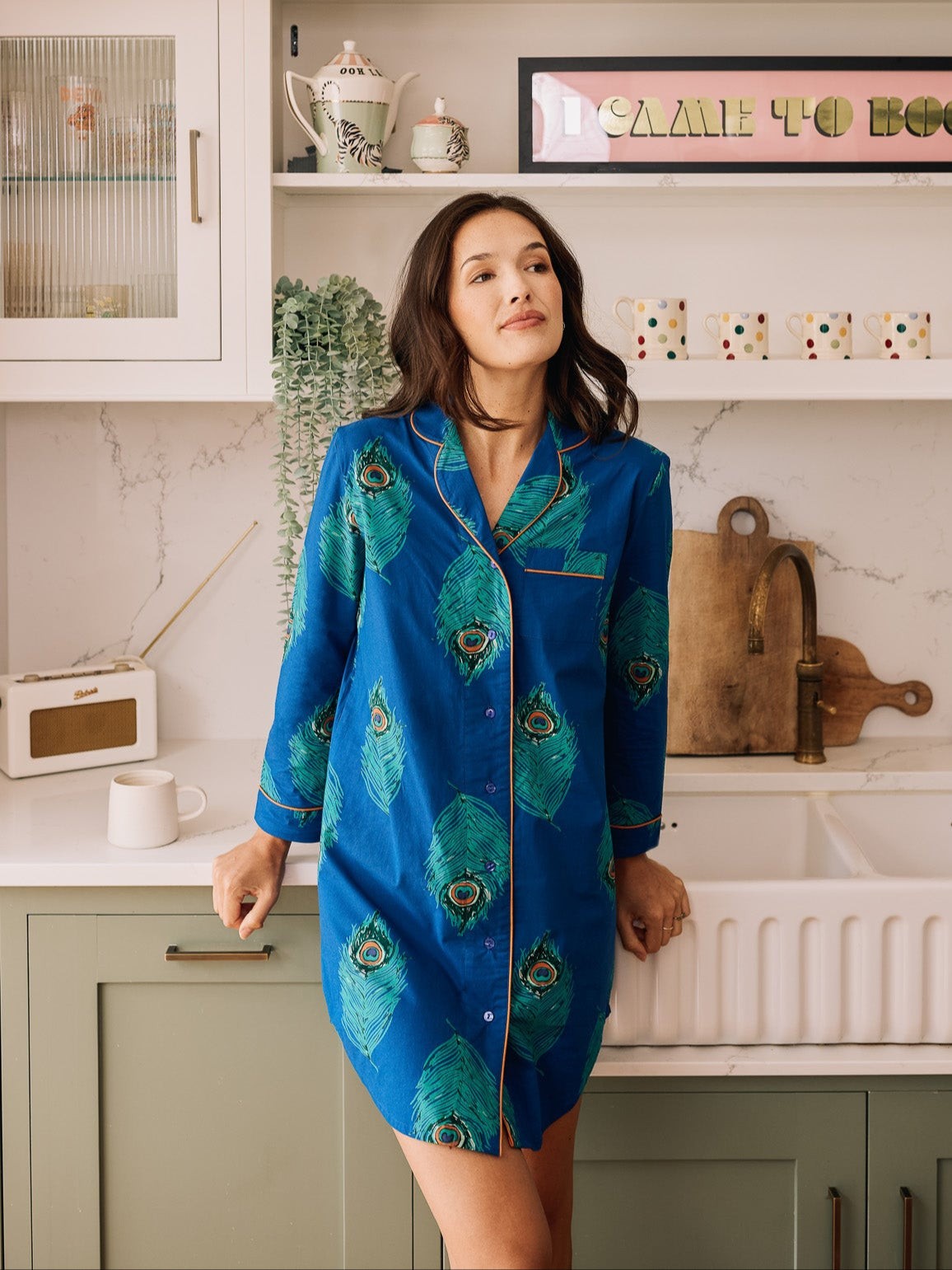 Their Nibs Their Nibs, Womens Cotton Nightshirt Navy Peacock Feather, M / 12-14