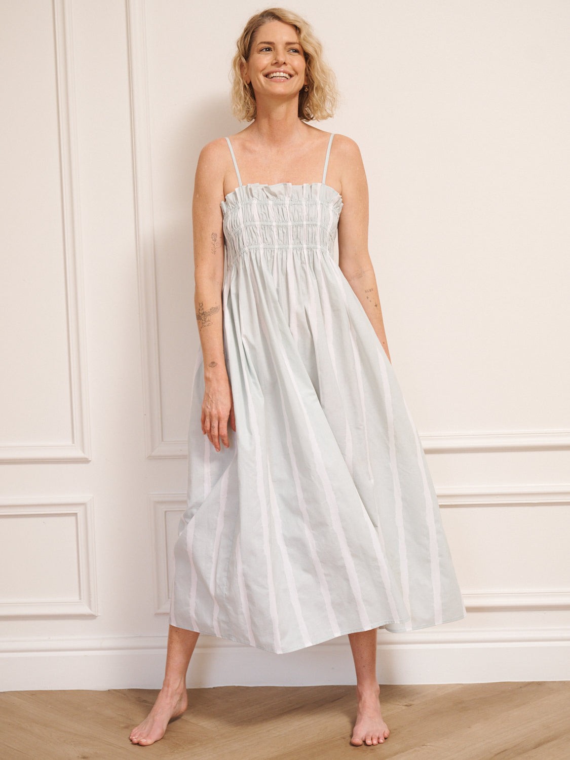 Their Nibs Their Nibs, Womens Cotton Shirred Cami MIDI Night Dress Aqua Brushed Stripe, 3XL / 22-24