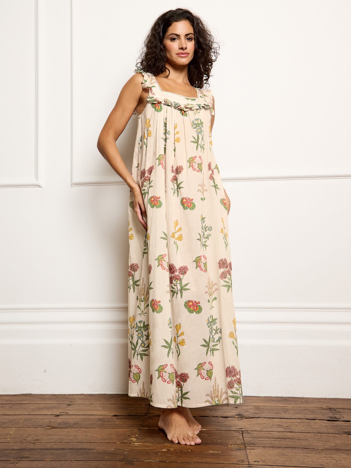 Their Nibs Their Nibs, Womens Cotton Square Neck Frill Night Dress Natural Wallpaper Floral, M / 12-14