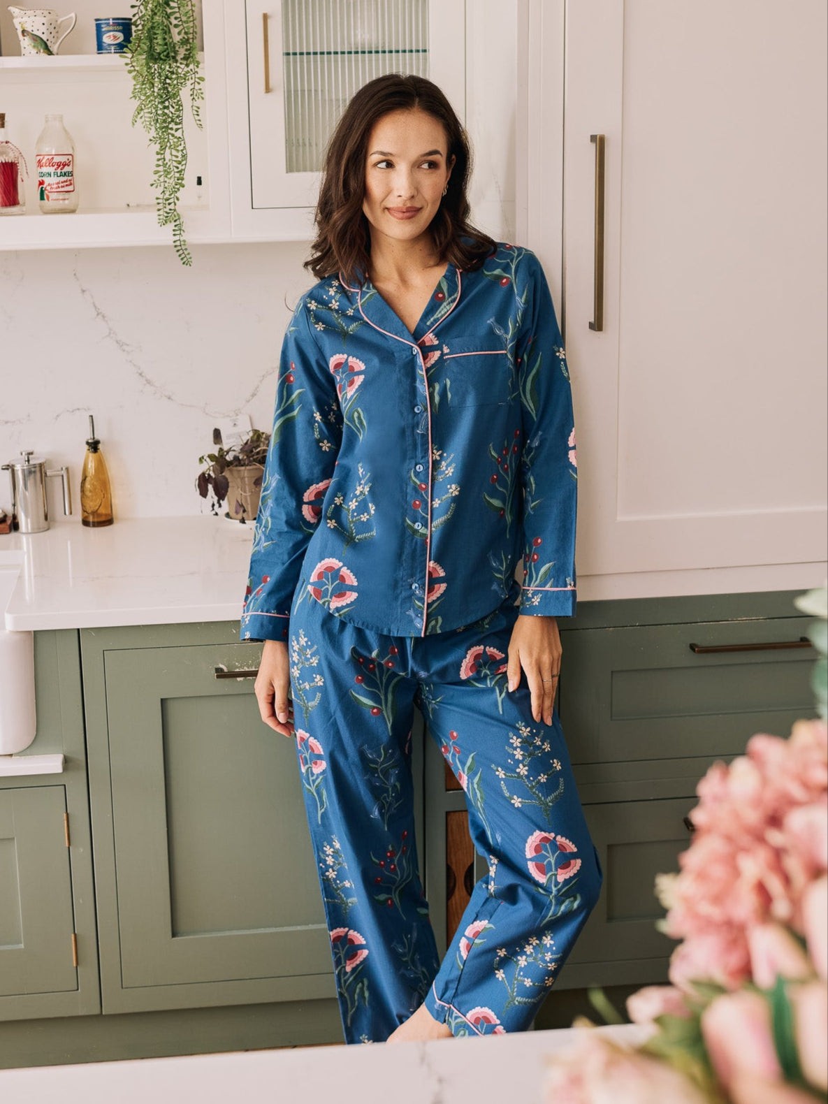 Their Nibs Their Nibs, Womens Cotton Traditional Pyjamas Navy Folk Flowers, M / 12-14