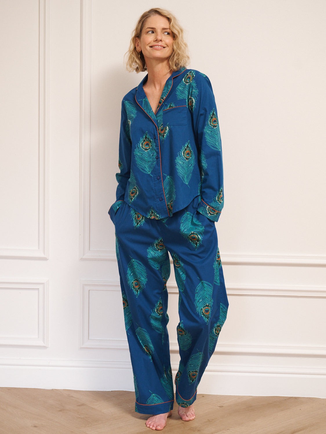 Their Nibs Their Nibs, Womens Cotton Traditional Pyjamas Navy Peacock Feather, M / 12-14