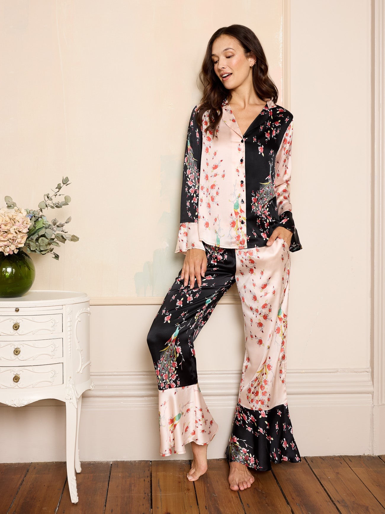 Their Nibs Their Nibs, Womens Satin Bold Cuff Pyjamas Pink Contrast Peacock and Roses, XXL / 20-22