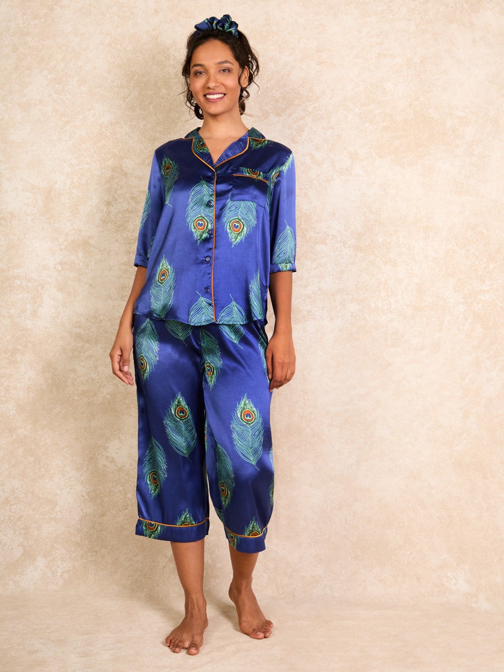 Their Nibs Their Nibs, Womens Satin Cropped Sleeve Capri Pyjamas Navy Blue Peacock Feather, S / 8-10