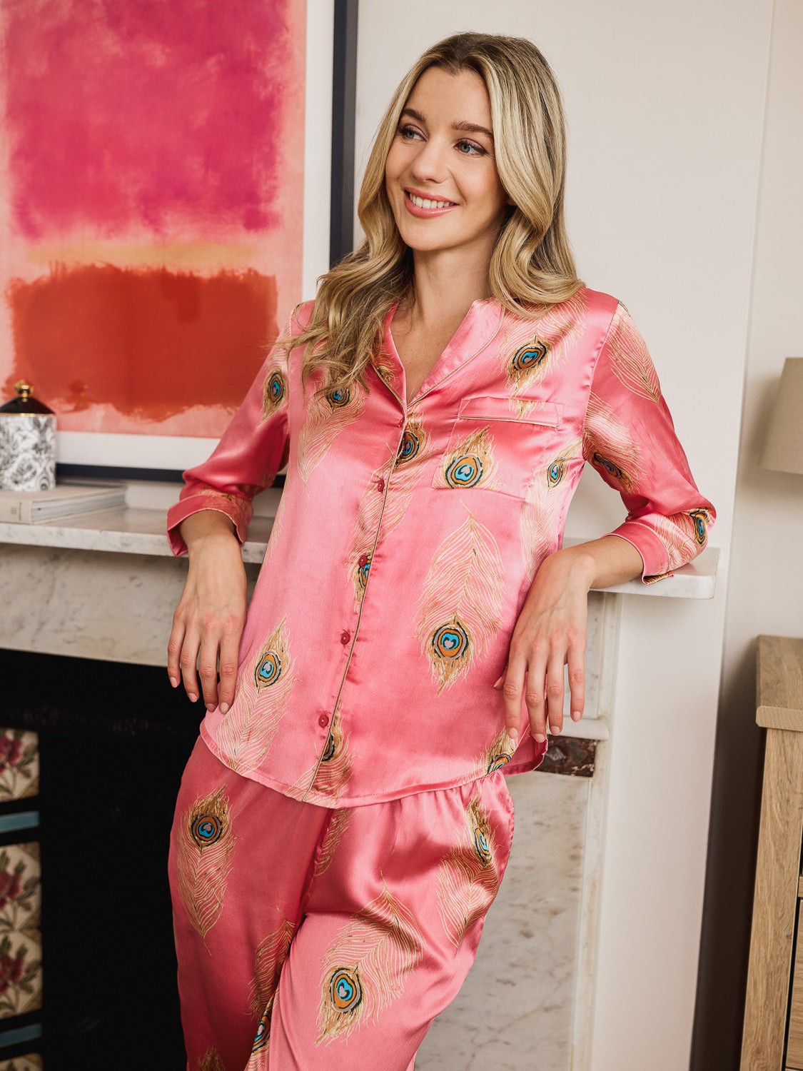 Their Nibs Their Nibs, Womens Satin Cropped Sleeve Capri Pyjamas Pink Gold Peacock Feather, S / 8-10
