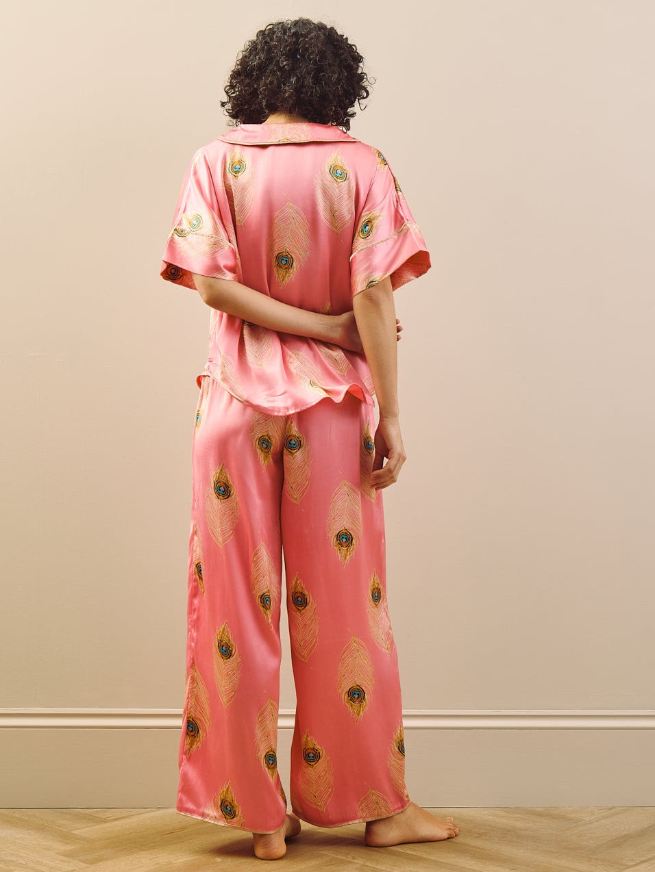 Their Nibs Their Nibs, Womens Satin Oversize Pyjamas Pink Gold Peacock Feather, XL / 18-20
