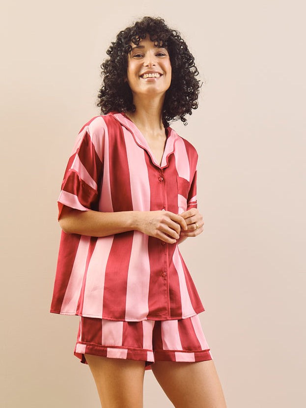 Their Nibs Their Nibs, Womens Satin Oversize Shortie Pyjamas Pink Stripe, S / 8-10