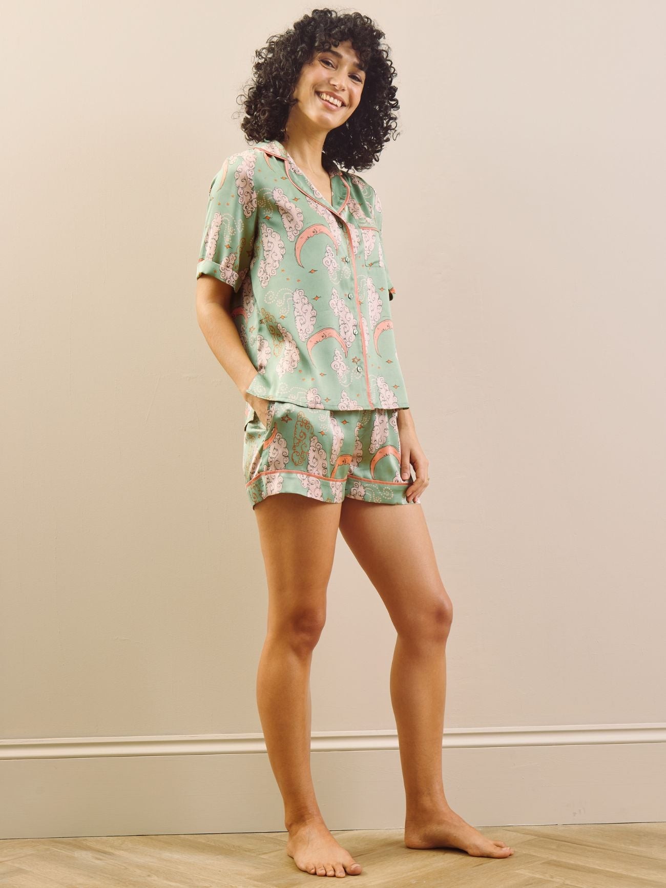 Their Nibs Their Nibs, Womens Satin Shortie Pyjamas Sage Pink Moon, XS / 6-8