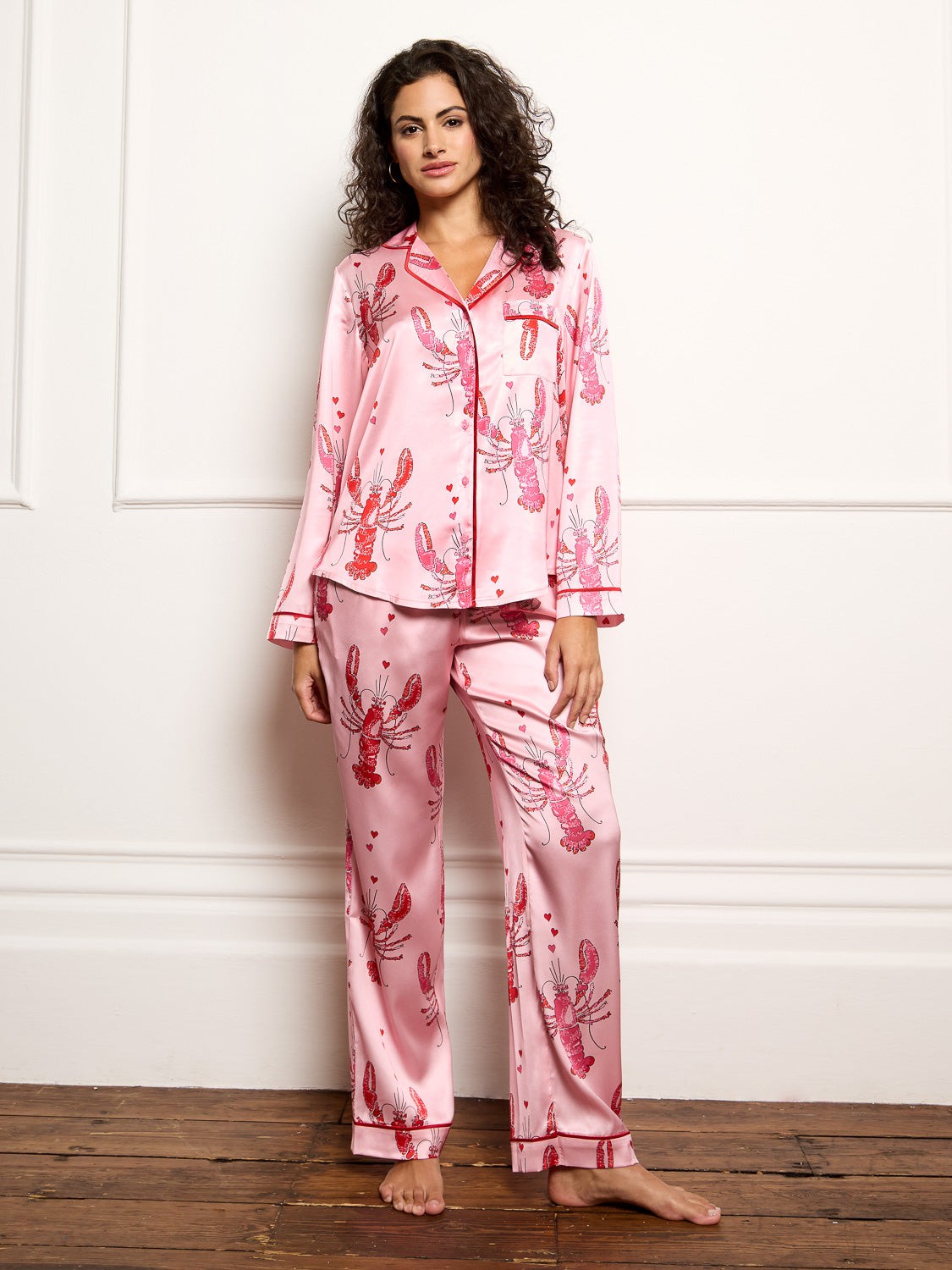Their Nibs Their Nibs, Womens Satin Traditional Pyjama Set in Pink Lobster Love, XXL / 20-22