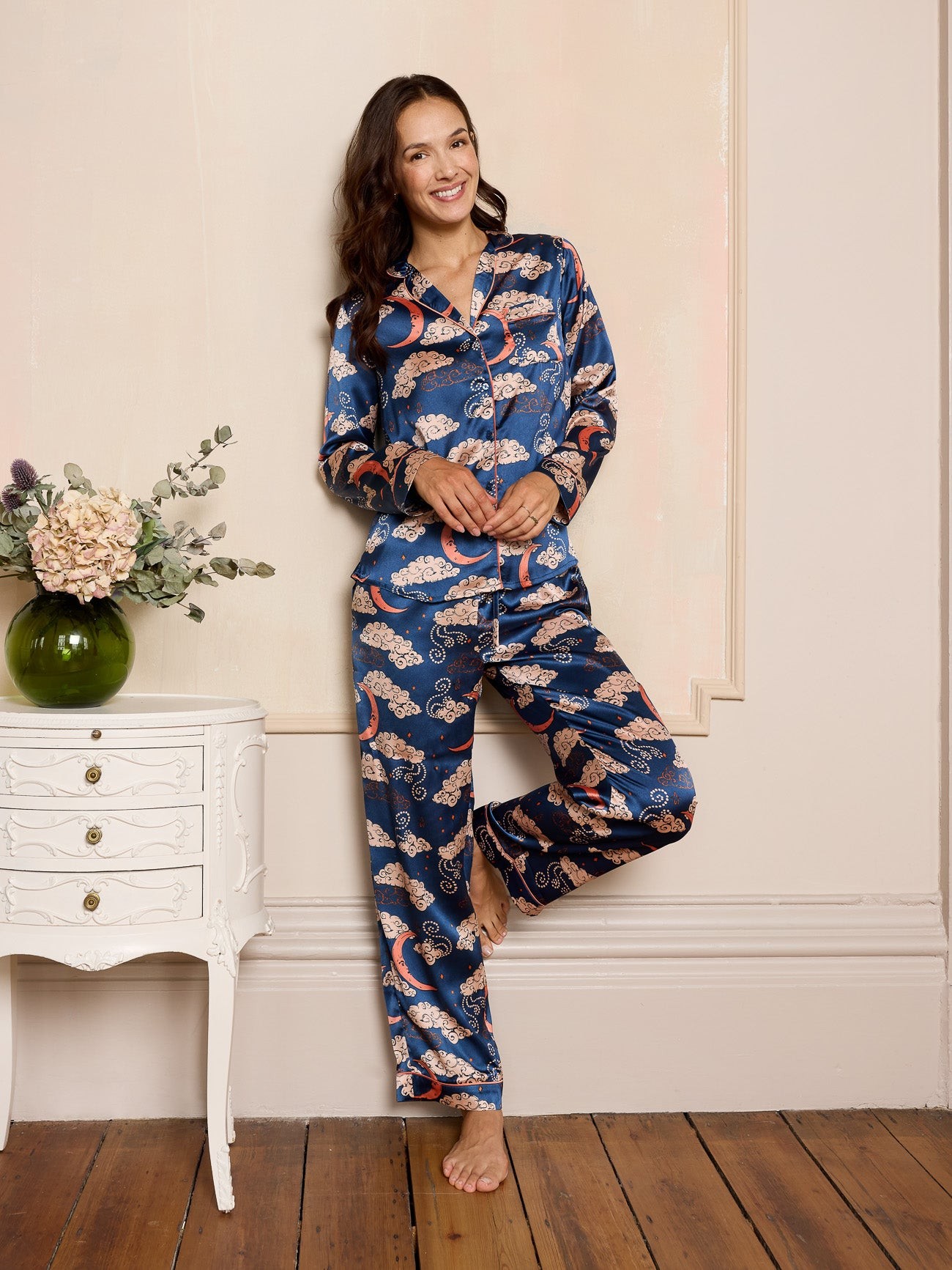 Their Nibs Their Nibs, Womens Satin Traditional Pyjamas Navy Moon and Clouds, M / 12-14