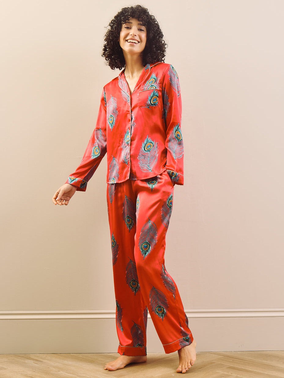 Their Nibs Their Nibs, Womens Satin Traditional Pyjamas Red Peacock Feather, S / 8-10