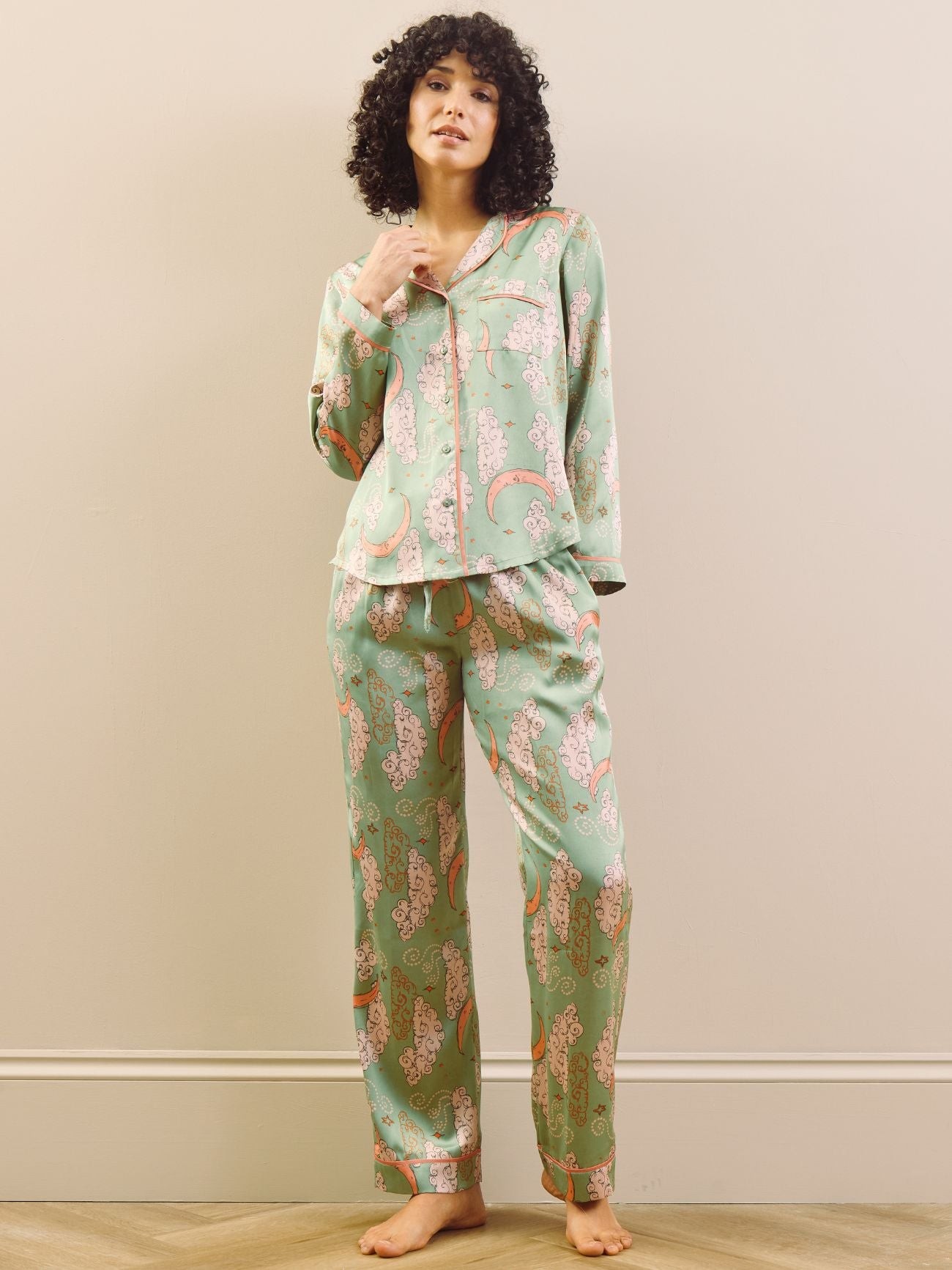 Their Nibs Their Nibs, Womens Satin Traditional Pyjamas Sage Pink Moon, M / 12-14