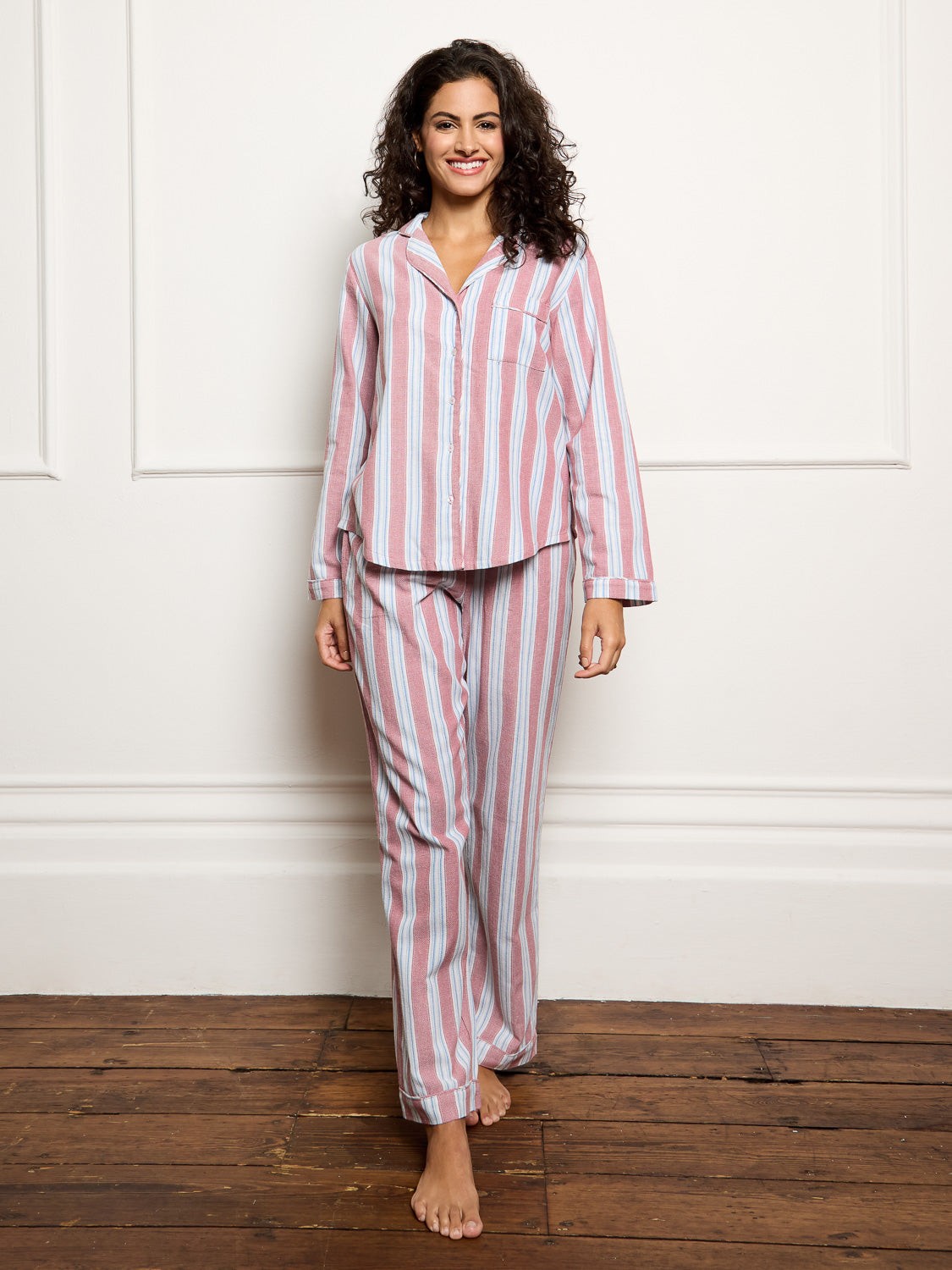 Their Nibs Their Nibs, Womens Textured Twill Traditional Pyjamas Burgundy Blue Wide Stripe, 3XL / 22-24