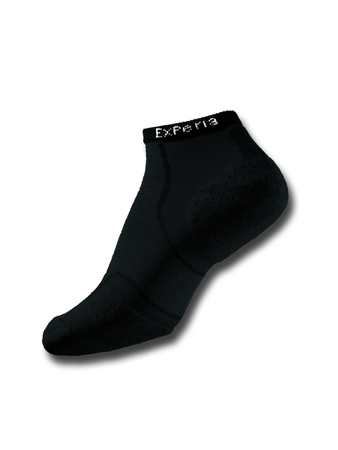 Black micro mini running socks made from Coolmax material, featuring a cushioned sole and breathable design, with "Experia" logo on the cuff.