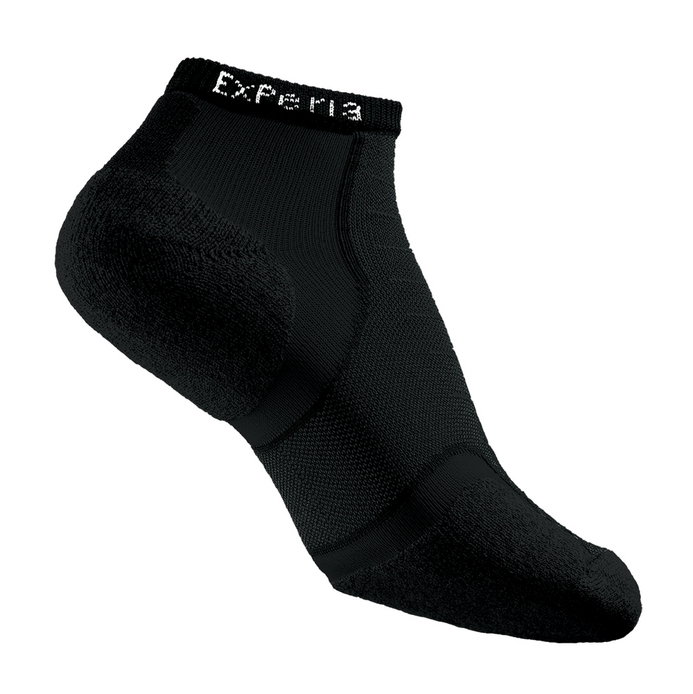 Low-cut black running socks featuring a textured design, cushioned heel, and breathable material, with "Experia" logo on the cuff for enhanced comfort and performance.