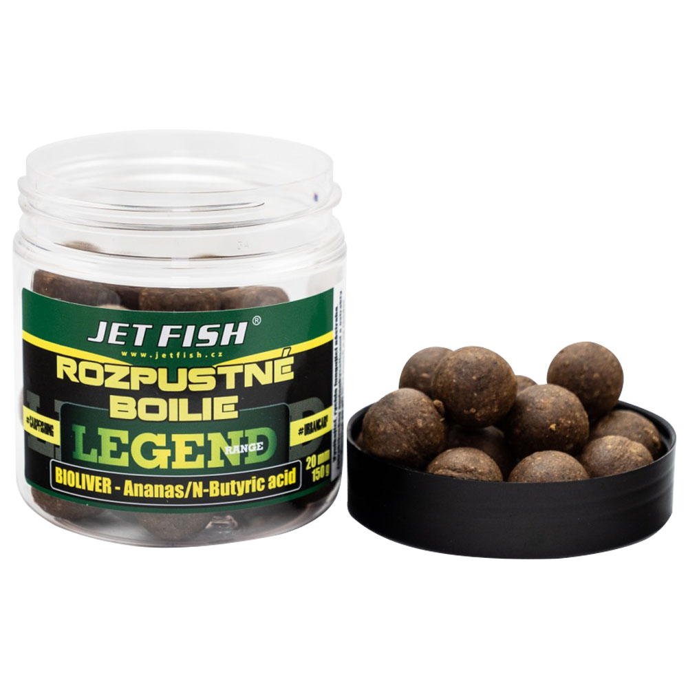 Brown, round boilies in a clear plastic jar with a black lid, labeled "Jet Fish Rozpustné Boilie Legend Range Bioliver-ananas/n-butyric - 20 mm 250 ml."