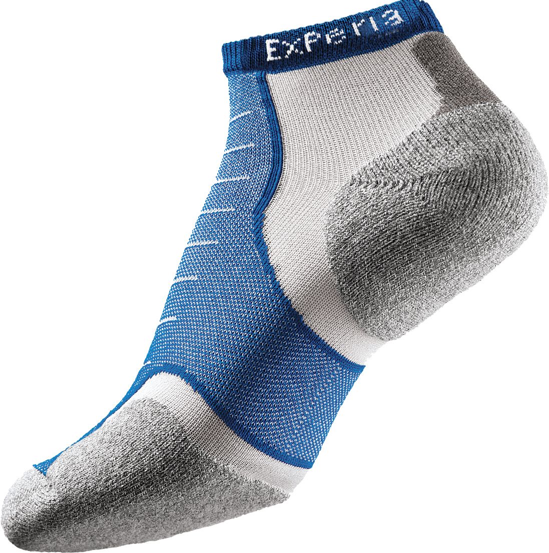 Royal blue micro mini running socks made from Coolmax material, featuring a gray heel and toe, and white mesh for breathability, labeled "Experia" on the cuff.