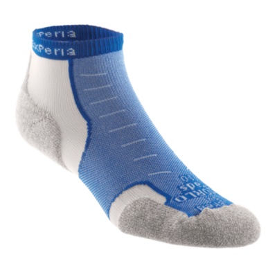 Royal blue and white micro mini running sock with Coolmax material, featuring a cushioned toe and heel, and a ribbed cuff for a secure fit.