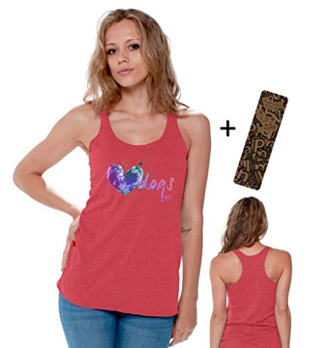 Red tank top featuring a colorful heart design with the word "dogs" in sparkly letters, paired with a patterned headband.