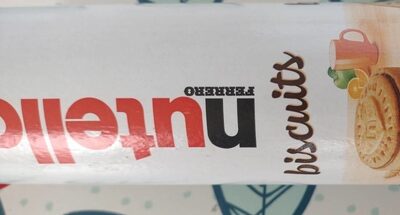 White packaging featuring the word "Nutella" in bold red letters, with "biscuits" in a playful font, alongside an illustration of a cookie and a drink.