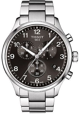 Tissot Chrono XL Classic men's chronograph watch features a 45mm stainless steel case, black dial with silver-tone hour markers, three sub-dials, and a polished steel bracelet.