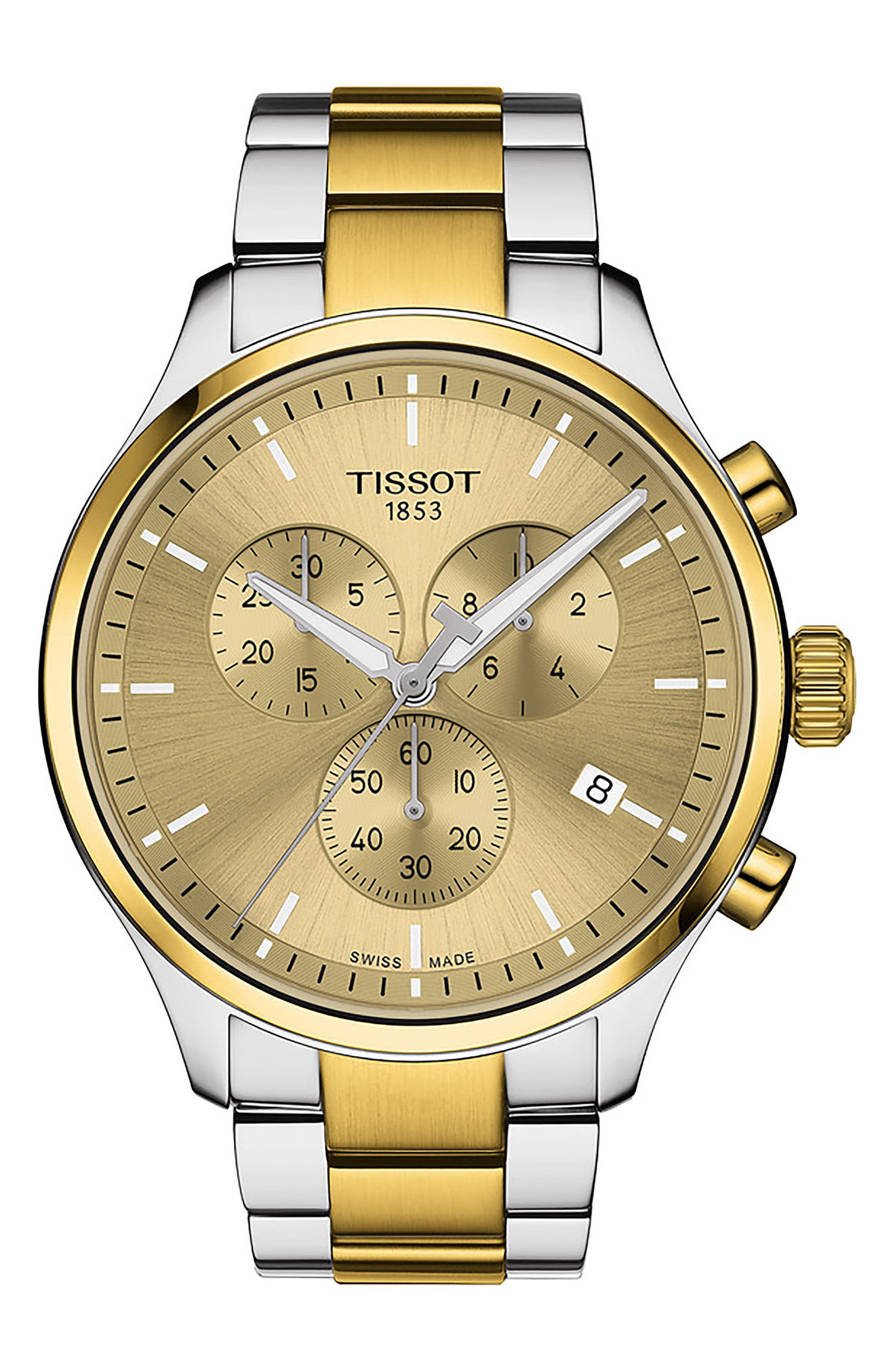 Tissot Chrono XL Classic men's chronograph watch featuring a 45mm champagne dial, silver and gold two-tone stainless steel bracelet, and three sub-dials with a date display.