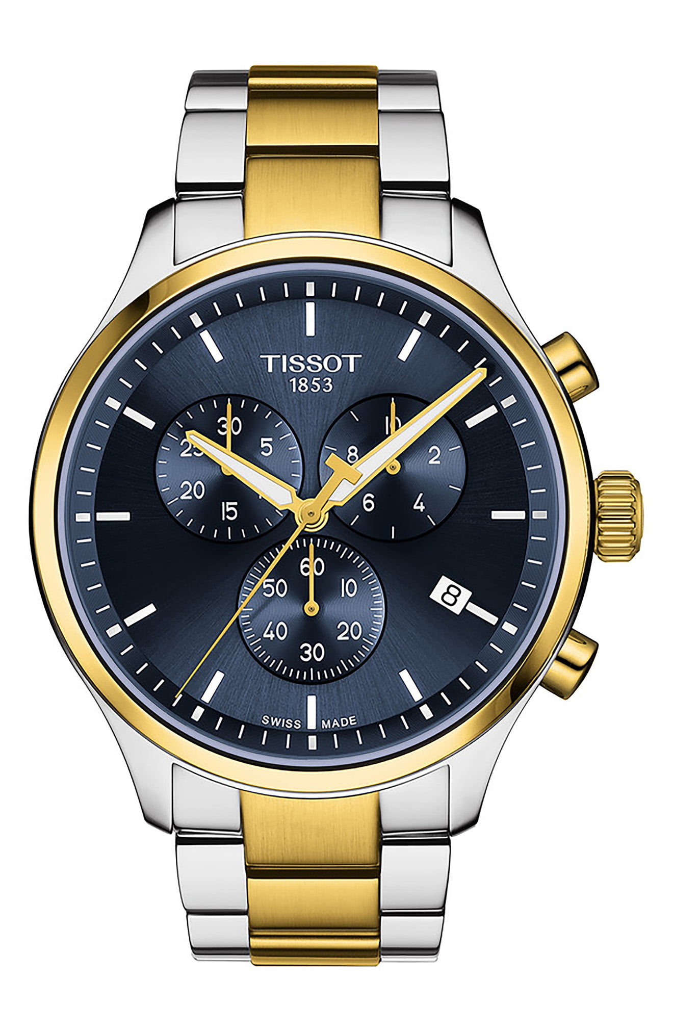 Tissot Chrono watch featuring a blue dial, gold and silver stainless steel bracelet, three sub-dials, and a date window at 4 o'clock.