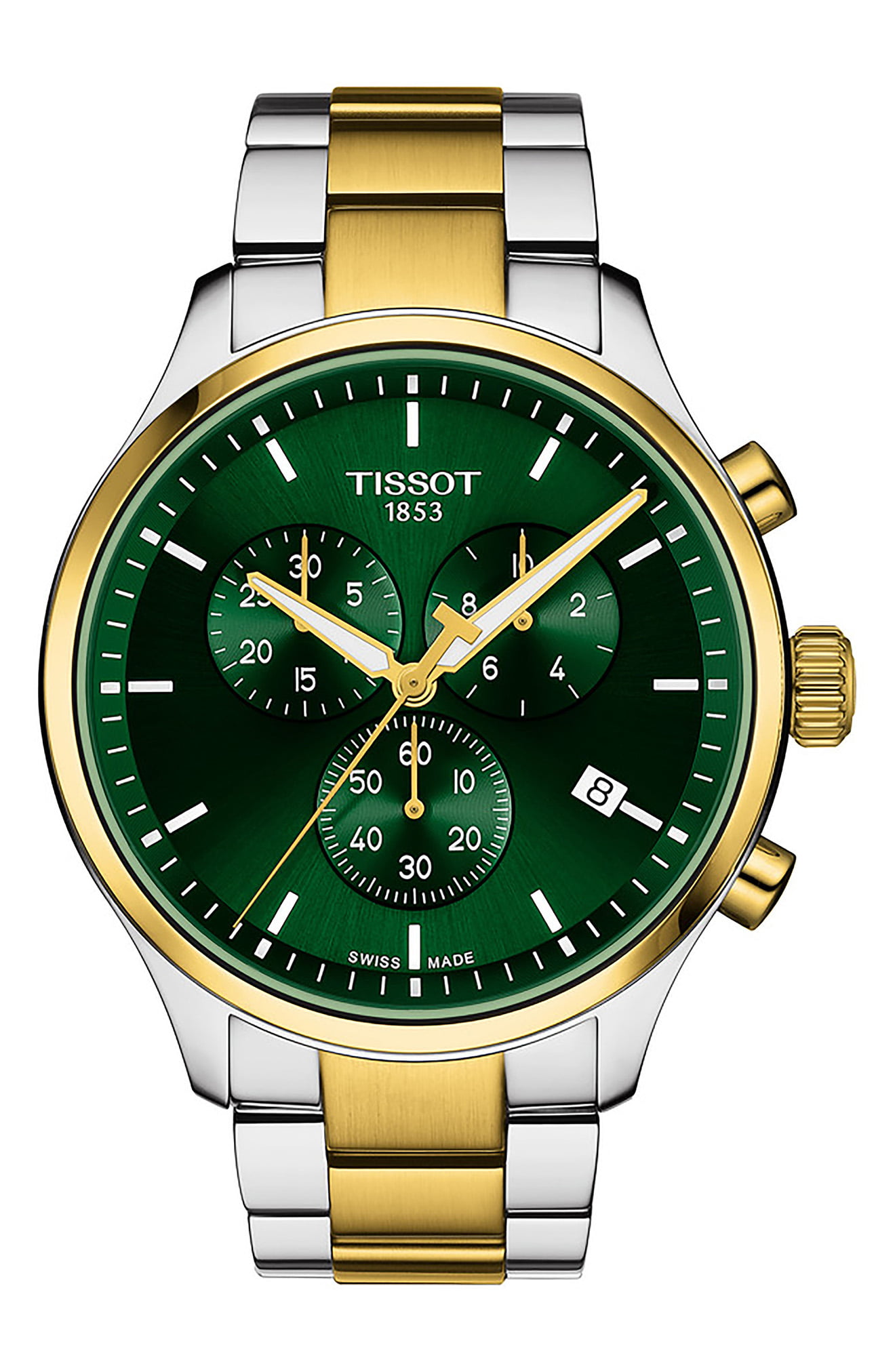 TISSOT Chrono XL Classic watch featuring a 45mm stainless steel case, green dial with three sub-dials, gold accents, and a two-tone bracelet.
