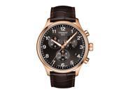Men's Tissot Chrono XL Classic watch featuring a 45mm black dial, rose gold-tone case, three sub-dials, and a brown leather strap.