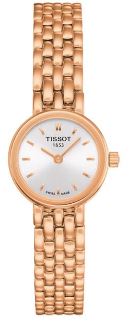 Silver Tissot Lovely Ladies watch featuring a round white dial, gold-tone hands, and a sleek metal bracelet with a unique textured design.