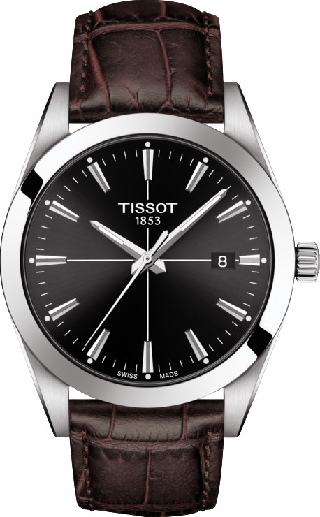 Tissot Gentleman Watch features a 40mm stainless steel case, black dial with silver hour markers, and a date display, complemented by a brown leather crocodile-pattern strap.