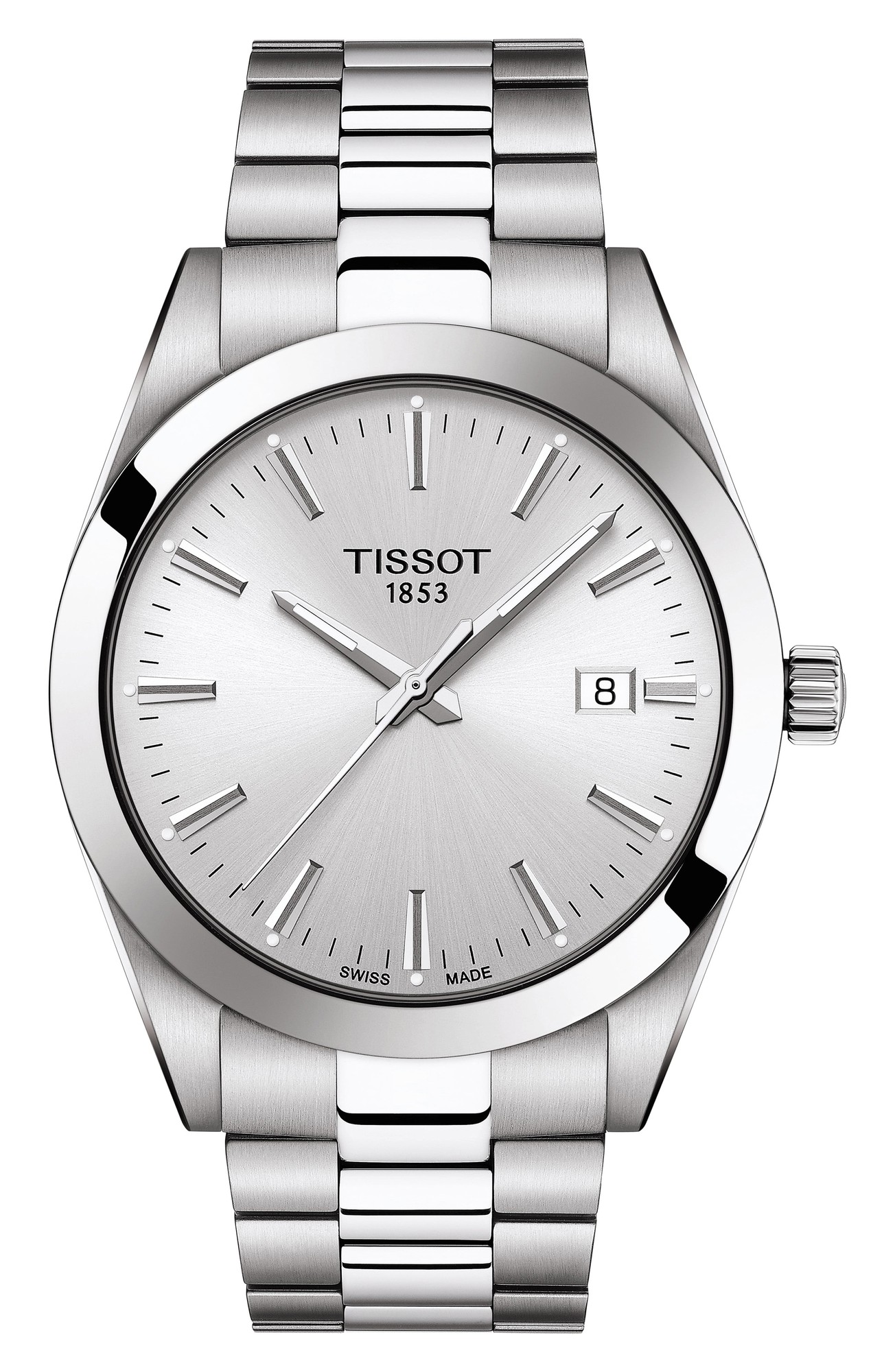 Tissot Gentleman T127.410.11.031.00 men's watch featuring a 40mm silver dial, stainless steel bracelet, minimalist design, and date display at 3 o'clock.