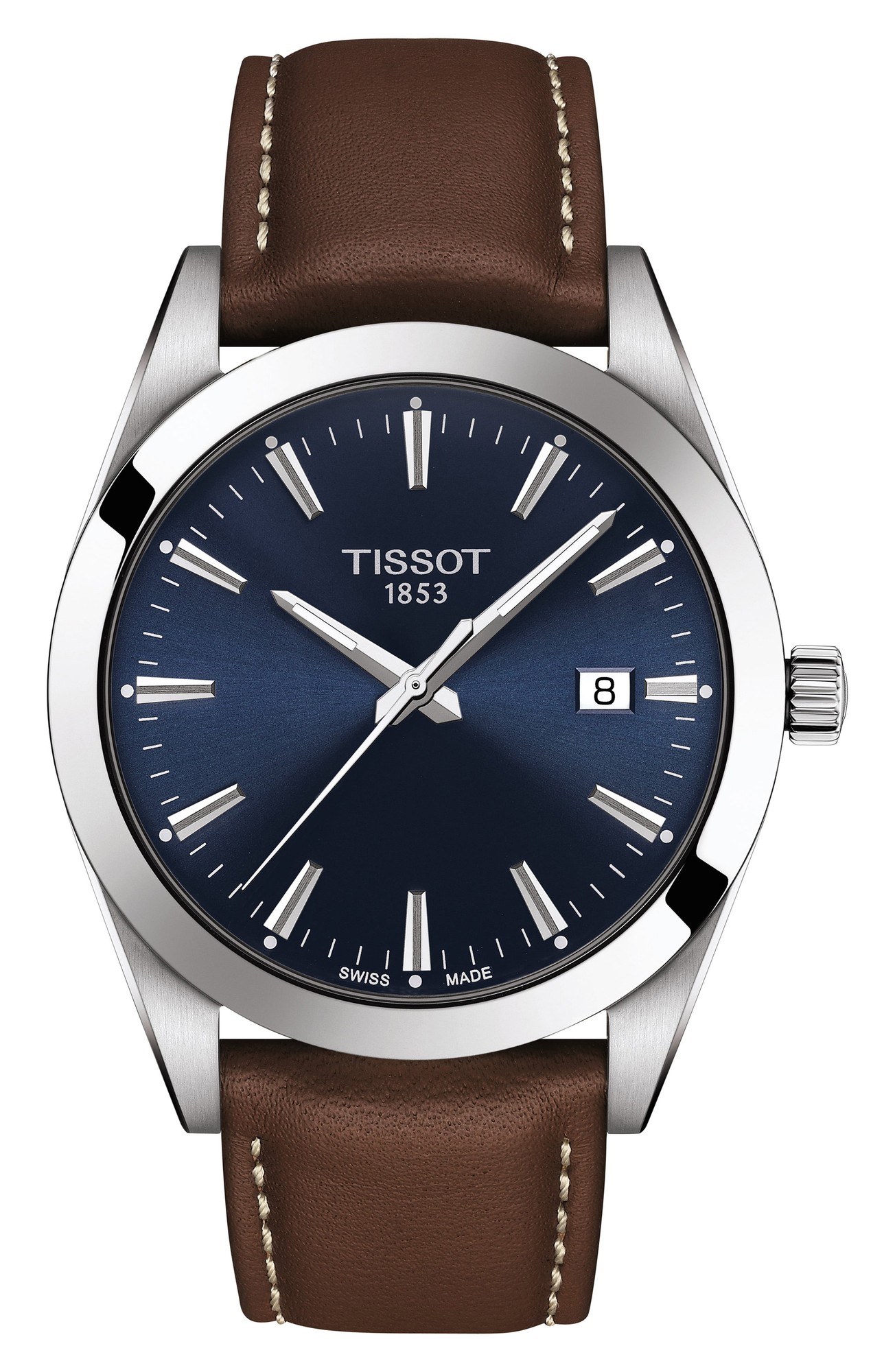 Tissot Gentleman watch featuring a 40mm stainless steel case, blue dial with silver hour markers, and a brown leather strap with white stitching.
