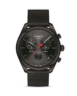 Men's Tissot PR100 Chronograph watch features a black PVD case, black dial with silver accents, three sub-dials, and a mesh strap, combining elegance with sporty functionality.