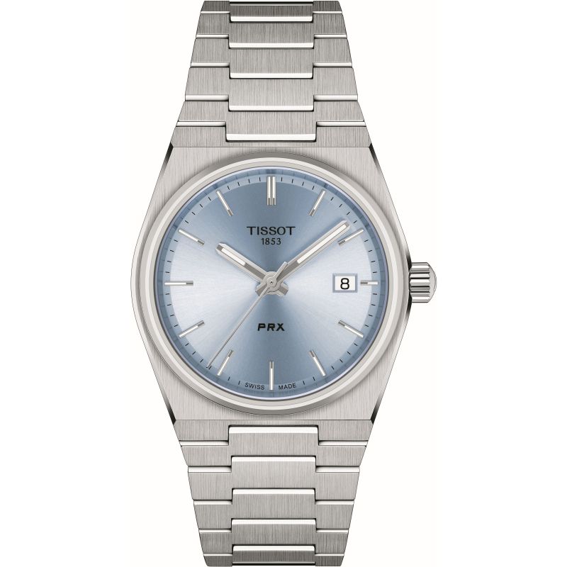 Silver stainless steel Tissot PRX watch with a 35mm case, featuring a light blue dial, silver hour markers, and a date display at 3 o'clock, complemented by a sleek metal bracelet.