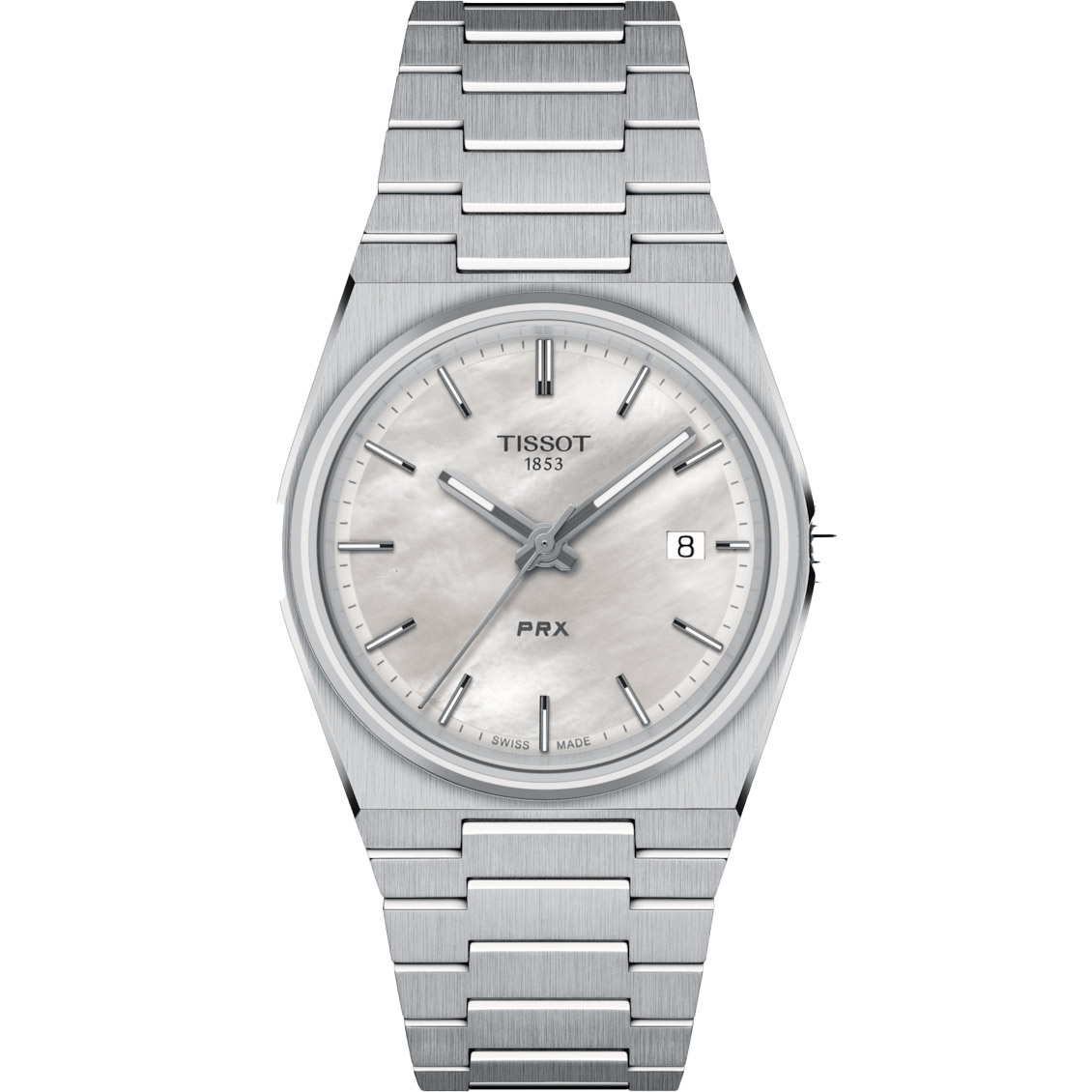 Tissot PRX Classic watch features a white mother of pearl dial, stainless steel case and bracelet, quartz movement, and a date display at 3 o'clock, water-resistant up to 100M.