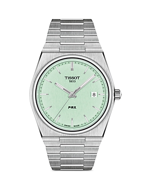 Tissot PRX watch features a 40mm stainless steel case, mint green dial with silver hour markers, and a date display, complemented by a sleek, brushed metal bracelet.