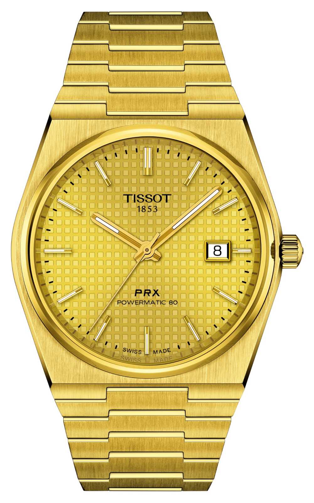 Gold-tone stainless steel men's watch with a champagne dial, featuring a textured pattern, date display, and a sleek bracelet design, model T137.407.33.021.00.