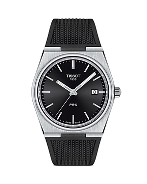 Tissot T-Classic PRX men's watch features a black dial with silver hour markers, a date window, and a textured black rubber strap, housed in a stainless steel case.