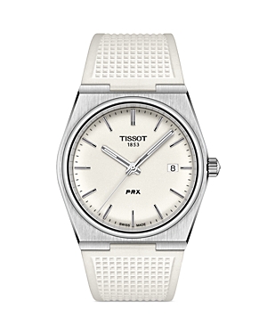 TISSOT PRX men's watch features a 40mm stainless steel case, a fully luminous white dial, silver hour markers, and a textured white rubber strap.