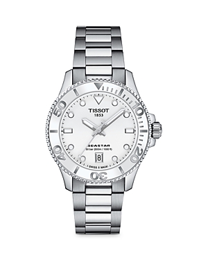 TISSOT Seastar 1000 unisex watch featuring a 36mm stainless steel case, white dial, silver-tone hands, and a stainless steel bracelet with a date display at 6 o'clock.