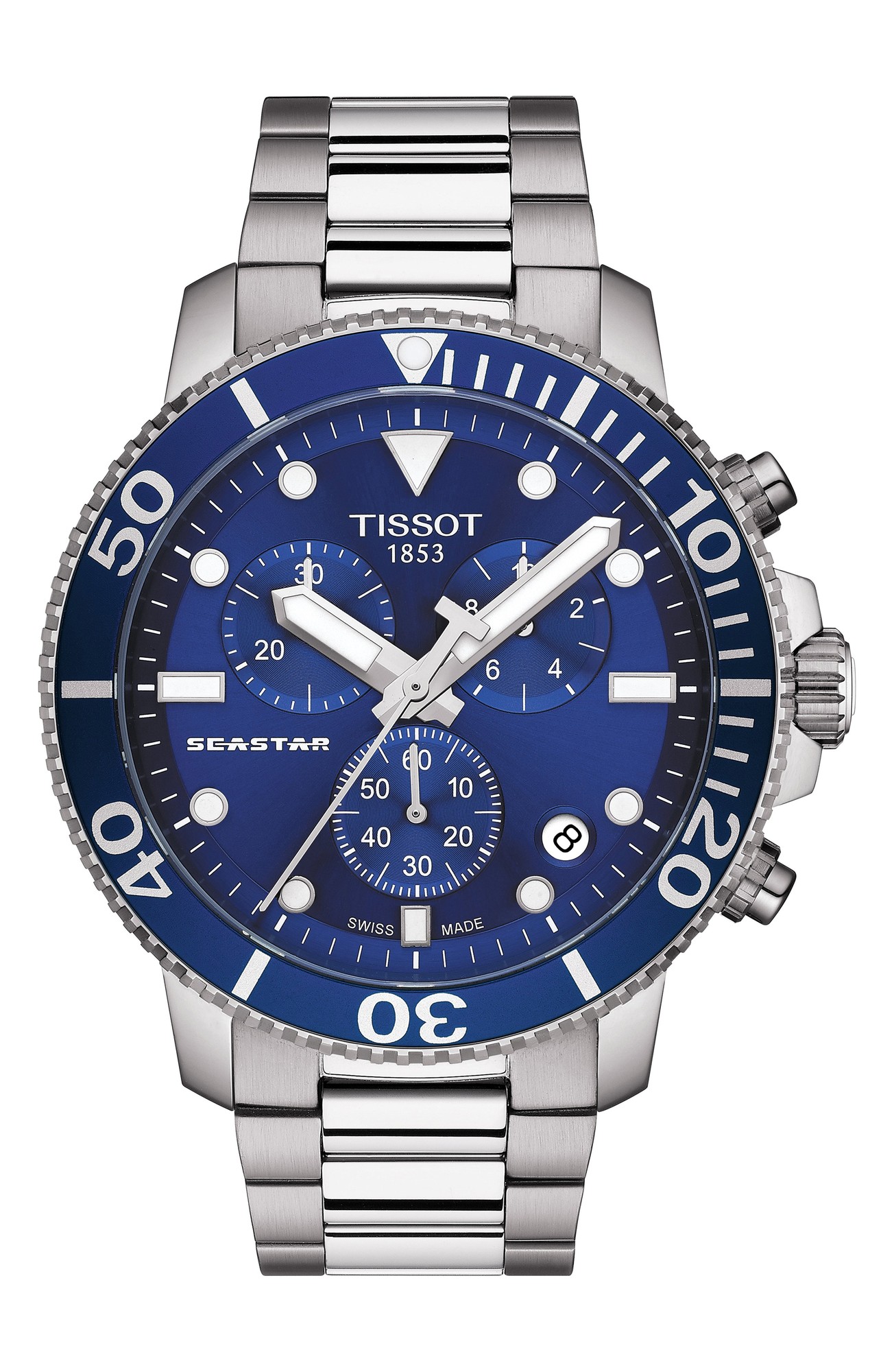 Tissot Seastar 1000 Chronograph watch featuring a 45.5mm stainless steel case, blue dial with white markers, and a steel bracelet, showcasing chronograph sub-dials and a unidirectional bezel.
