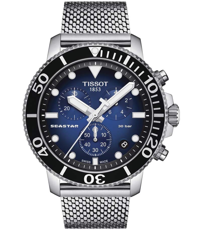 Men's Tissot Seastar 1000 chronograph watch featuring a 45.5mm blue gradient dial, stainless steel mesh bracelet, black bezel, and luminous hour markers.