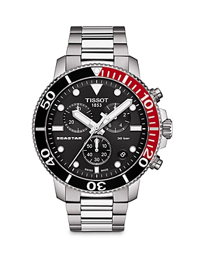 Tissot Seastar 1000 Chronograph watch features a 45.5mm black dial, stainless steel bracelet, red and black bezel, and chronograph sub-dials for enhanced functionality.