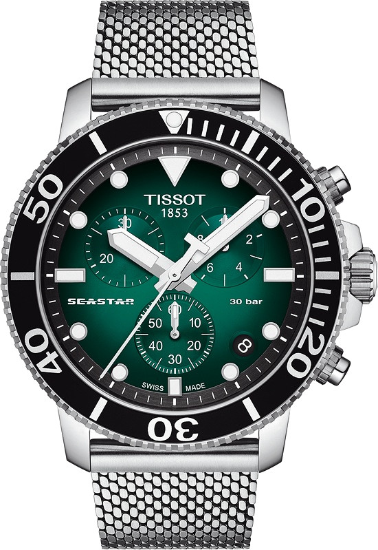 Tissot Seastar 1000 Chronograph watch featuring a 45.5mm stainless steel case, green dial with silver accents, black bezel, and a mesh bracelet.