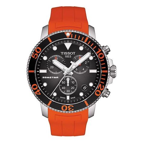 Tissot Seastar 1000 Chronograph watch features a 45.5mm stainless steel case, black dial with silver hands, and an orange rubber strap with bold black and orange markings.