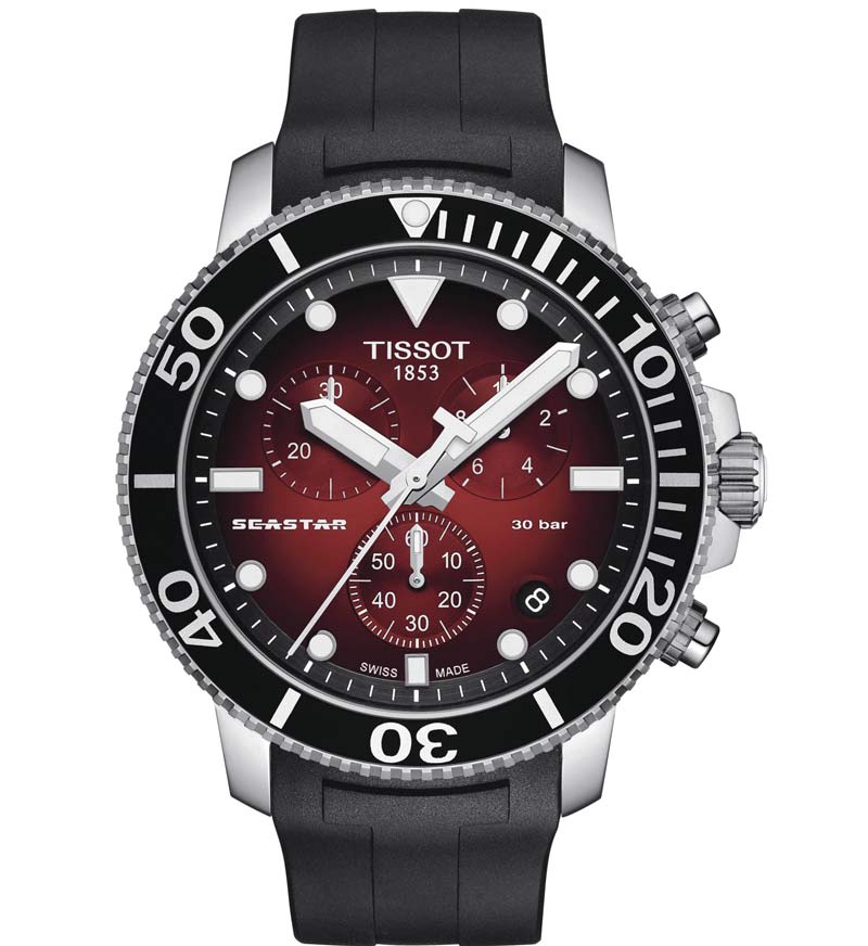Tissot Seastar 1000 Chronograph watch featuring a 45.5mm stainless steel case, red gradient dial, black bezel, and rubber strap, water-resistant up to 300m.