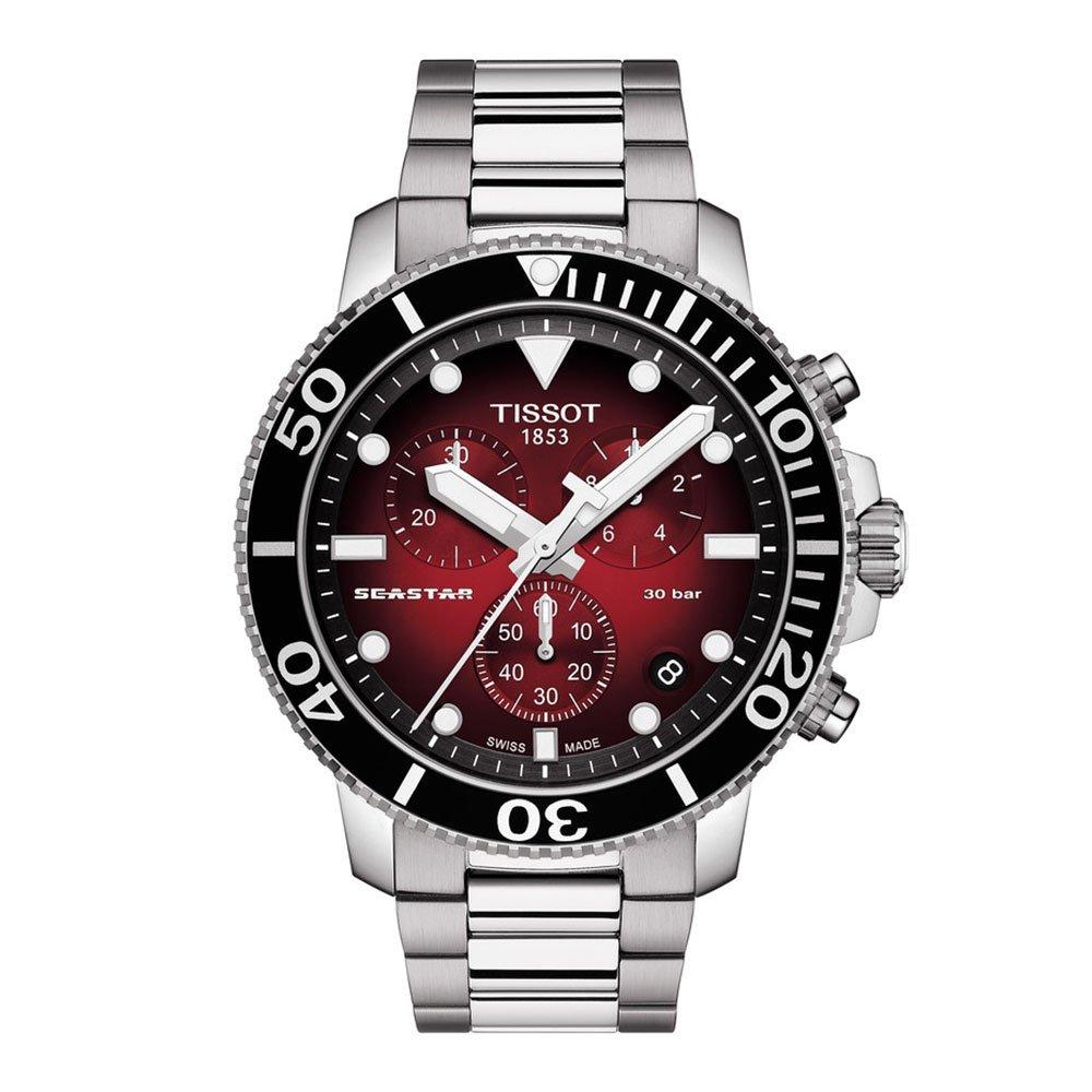 Men's Tissot Seastar 1000 watch featuring a 45.5mm stainless steel case, red gradient dial, black bezel, and a steel bracelet with chronograph functions.