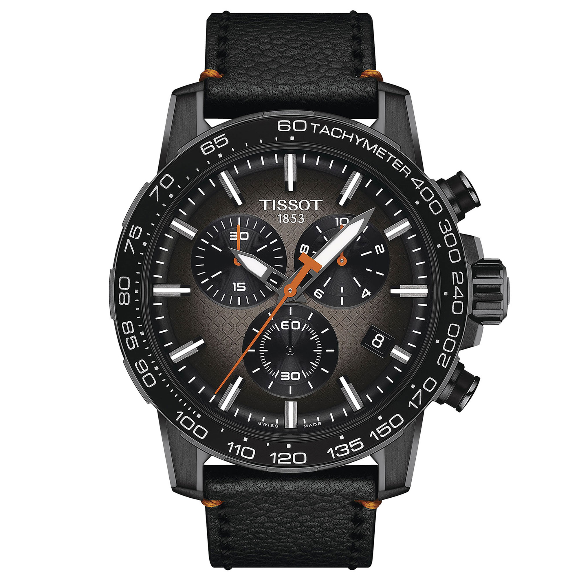 TISSOT Supersport Chrono Basketball Edition watch features a black dial, stainless steel case, orange accents, and a textured black leather strap, measuring 45.5mm.